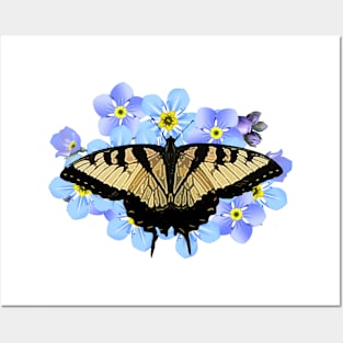 Swallowtail Butterfly On Blue Flowers Posters and Art